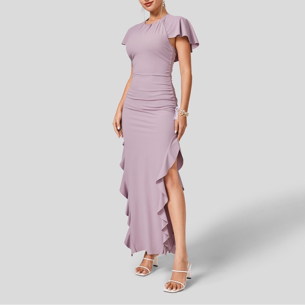 Halara Round Neck Ruffle Short Sleeve Tie Back Bodycon Split Maxi Dress - NWOT